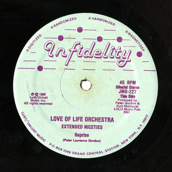 Love Of Life Orchestra『Extended Niceties』（1980年、Infidelity、JMB-227）This Sideのラベル
